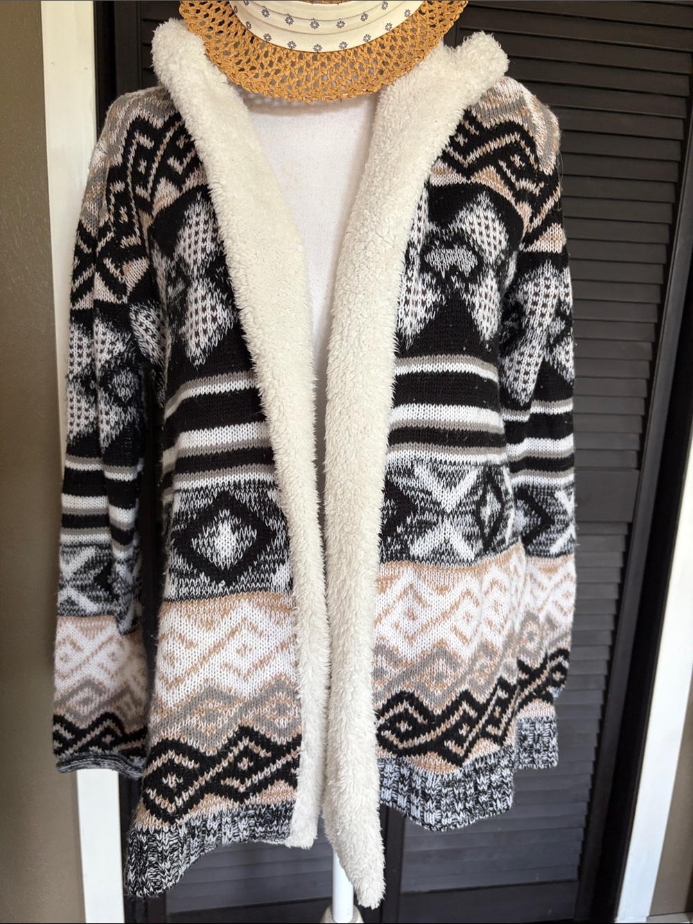 Almost Famous Black White & Tan Hooded Fair Isle Cardigan
